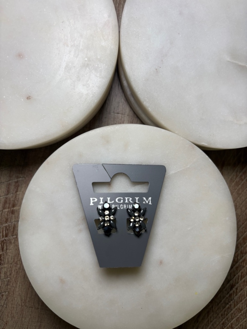 195 Pilgrim Black and Silver Floral Crystal Stud Earrings